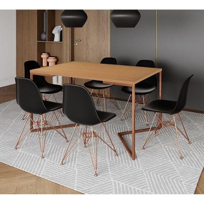 Mesa Jantar Industrial Retangular 137X90Cm Canela Base V Com 6 Cadeiras Pretas Base Cob Cor: Canela
