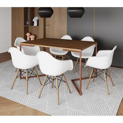 Mesa Industrial Retangular Jantar 137X90Cm Amêndoa Base Cobre V Com 6 Poltronas Brancas Cor: Amendoa