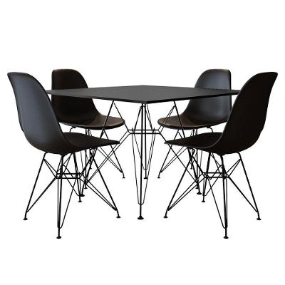 Conjunto Jantar Eames De Ferro Preto E Tampo Quadrado Preto 90Cm 4 Cadeiras Pretas