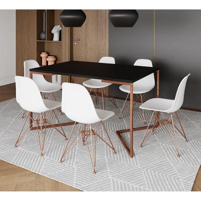 Mesa Jantar Industrial Retangular 137X90Cm Preta Base V Com 6 Cadeiras Brancas Base Cob Cor: Preto