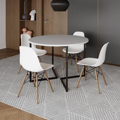 Mesa Jantar Industrial Redonda 110Cm Branca Base V Ferro Preto C/4 Cadeiras Branca Base Made Branco