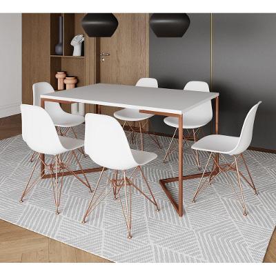Mesa Jantar Industrial Retangular 137X90Cm Branca Base V Com 6 Cadeiras Brancas Base Co Cor: Branco