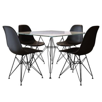 Jogo De Mesa Eames De Ferro Preto E Tampo Quadrado Vidro 90Cm 4 Cadeiras Pretas