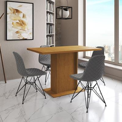 Mesa Jantar Londres Tampo Canela 120Cm 4 Cadeiras Ferro Preto Estofado Grafite
