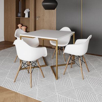 Mesa Jantar Industrial Quadrada 90Cm Branca Base V Dourada Com 4 Poltronas Daw Madeira Cor: Branco