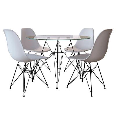 Mesa Jantar Eames De Ferro Preto Tampo Redondo 90Cm Vidro 4 Cadeiras Brancas