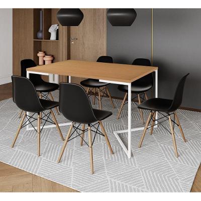 Mesa Jantar Industrial Retangular Canela 137X90Cm Base V Ferro Branco C/6 Cadeiras Preta Mad Canela