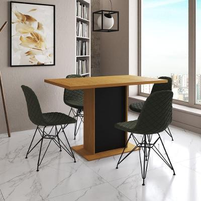 Mesa Jantar Londres Tampo Canela 120Cm Base Preta 4 Cadeiras Ferro Preto Estofado Verde