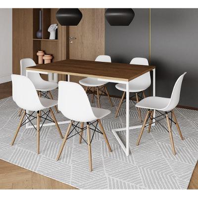 Mesa Jantar Industrial Retangular Amêndoa 137X90Cm Base V Ferro Branco C/6 Cadeiras Branca M Amendoa