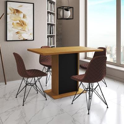 Mesa Jantar Londres Tampo Canela 120Cm Base Preta 4 Cadeiras Ferro Preto Estofado Caramelo