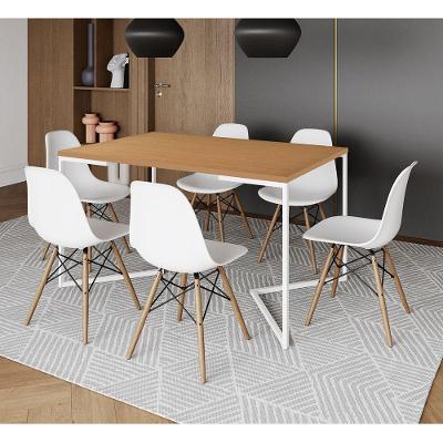 Mesa Jantar Industrial Retangular Canela 137X90Cm Base V Ferro Branco C/6 Cadeiras Branca Ma Canela
