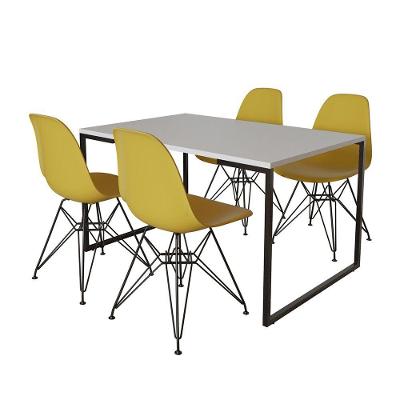 Mesa Industrial Base Ferro Preto 137X90 Tampo Branco 4 Cadeiras Eiffel Ferro Preto Assento Amarelo