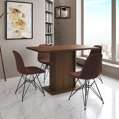 Mesa Jantar Londres Tampo Amêndoa 120Cm 4 Cadeiras Ferro Preto Estofado Caramelo