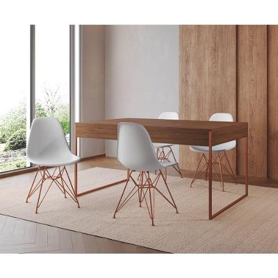 Mesa Jantar Industrial Retangular Amêndoa 137X90Cm Com 4 Cadeiras Brancas Base Cobr Cor: Amendoa