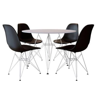 Conjunto Jantar Eames De Ferro Branco Tampo Redondo 90 Cm Branco 4 Cadeiras Preta