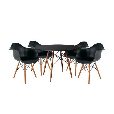 Mesa De Jantar Redonda Em Madeira 110Cm Preta Com 4 Poltronas Pretas Cor: Preto