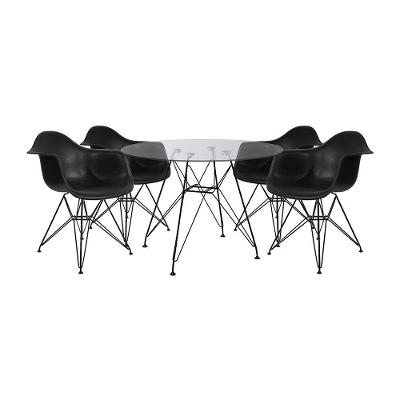 Mesa De Jantar Vidro Redonda 90Cm Com 4 Poltronas Pretas Ferro Preto Cor: Preto