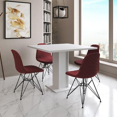 Mesa Jantar Londres Quadrada Branca 90Cm 4 Cadeiras Estofadas Vermelho Eames Ferro Preto