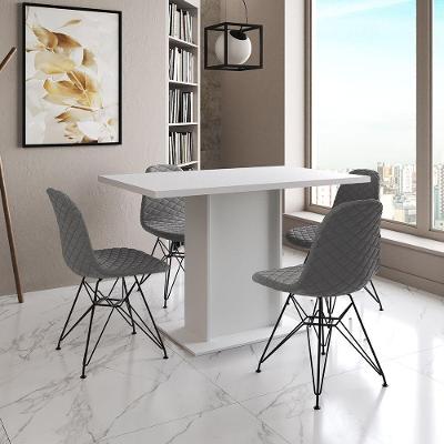 Mesa Jantar Londres Tampo Branco 120Cm 4 Cadeiras Ferro Preto Estofado Grafite