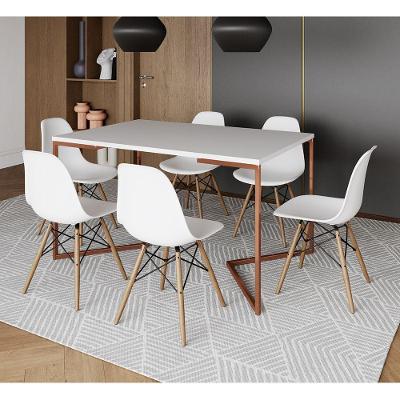 Mesa Jantar Industrial Retangular Branca 137X90Cm Base V Cobre Com 6 Cadeiras Brancas M Cor: Branco