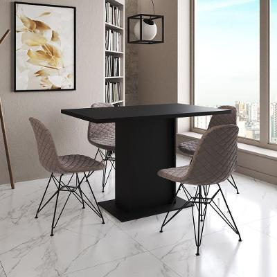 Mesa Jantar Londres Tampo Preto 120Cm 4 Cadeiras Ferro Preto Estofado Nude Médio