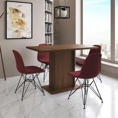 Mesa Jantar Londres Tampo Amêndoa 120Cm 4 Cadeiras Ferro Preto Estofado Vermelho