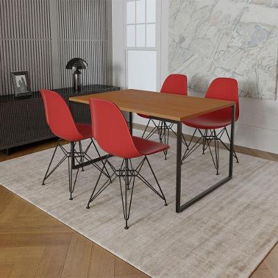 Mesa Industrial Base Ferro Preto Tampo 137X90 Canela 4 Cadeiras Ferro Preto Assento Vermelho