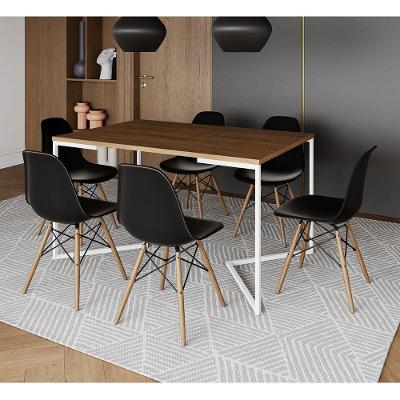 Mesa Jantar Industrial Retangular Amêndoa 137X90Cm Base V Ferro Branco C/6 Cadeiras Preta Ma Amendoa