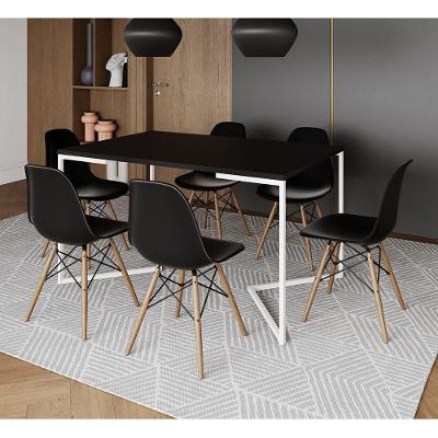 Mesa Jantar Industrial Retangular Preta 137X90Cm Base V Ferro Branco C/6 Cadeiras Preta Made Preto