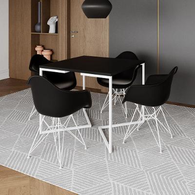 Mesa Jantar Industrial Quadrada Preta 90Cm Base V Com 4 Poltronas Pretas Ferro Branco Cor: Preto