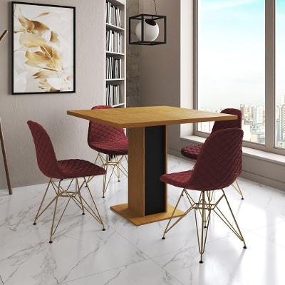 Mesa Jantar Londres Quadrada Canela 90Cm Base Preta 4 Cadeiras Eames Estofadas Vermelho Base Dourado