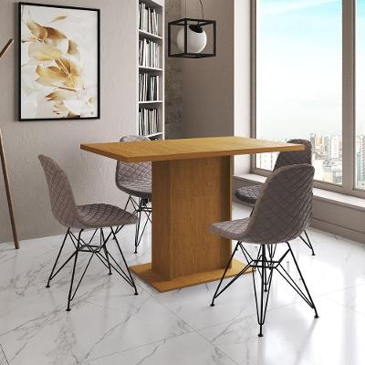 Mesa Jantar Londres Tampo Canela 120Cm 4 Cadeiras Ferro Preto Estofado Nude Médio