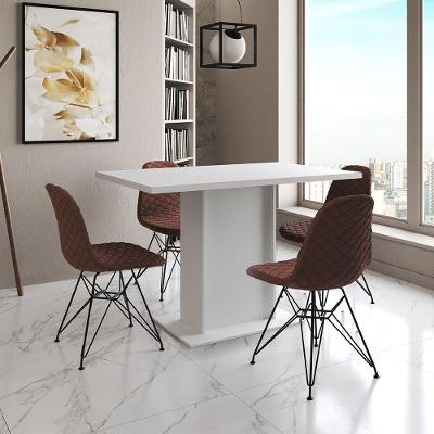 Mesa Jantar Londres Tampo Branco 120Cm 4 Cadeiras Ferro Preto Estofado Caramelo