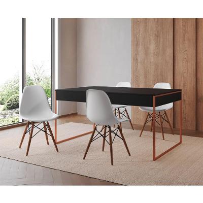 Mesa Jantar Industrial Retangular Preta 137X90Cm Base Cobre Com 4 Cadeiras Brancas Cor: Preto
