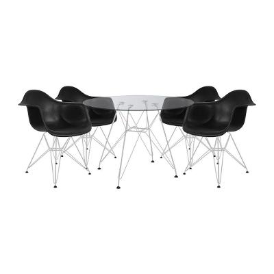 Mesa De Jantar Redonda Vidro 90Cm Com 4 Poltronas Pretas Ferro Branco Cor: Branco