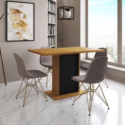 Mesa Jantar Londres Tampo Canela 120Cm Base Preta 4 Cadeiras Base Dourado Estofado Nude Médio