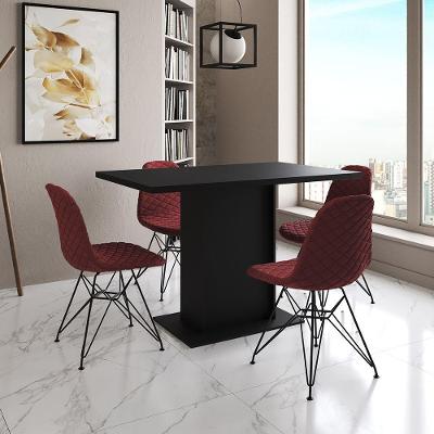 Mesa Jantar Londres Tampo Preto 120Cm 4 Cadeiras Ferro Preto Estofado Vermelho