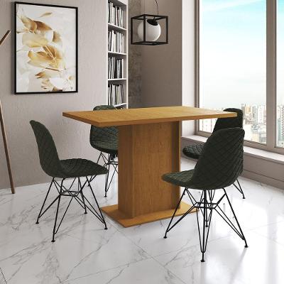 Mesa Jantar Londres Tampo Canela 120Cm 4 Cadeiras Ferro Preto Estofado Verde
