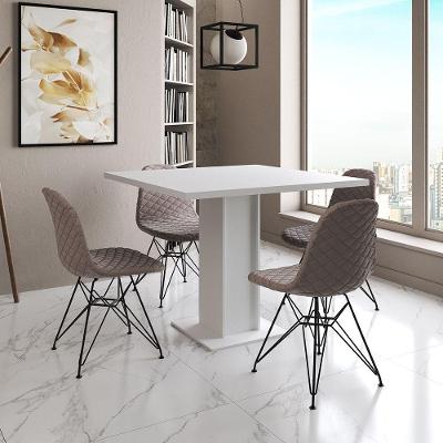 Mesa Jantar Londres Quadrada Branca 90Cm 4 Cadeiras Estofadas Nude Médio Eames Ferro Preto