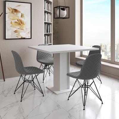 Mesa Jantar Londres Quadrada Branca 90Cm 4 Cadeiras Estofadas Grafite Eames Ferro Preto