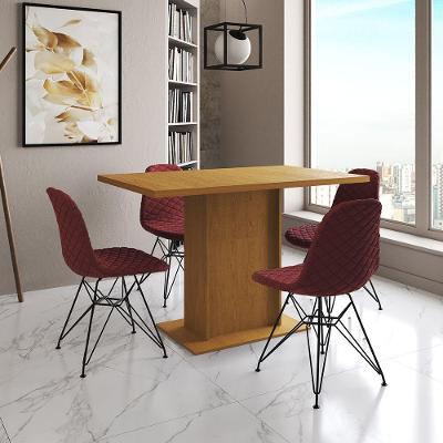 Mesa Jantar Londres Tampo Canela 120Cm 4 Cadeiras Ferro Preto Estofado Vermelho