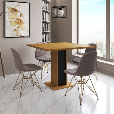 Mesa Jantar Londres Quadrada Canela 90Cm Base Preta 4 Cadeiras Eames Estofadas Nude Médio Base Doura