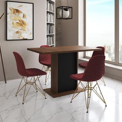 Mesa Jantar Londres Tampo Amêndoa 120Cm Base Preta 4 Cadeiras Base Dourado Estofado Vermelho