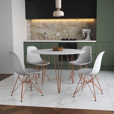 Mesa De Jantar Redonda 90Cm Branca Clips 3 Pés Com 4 Cadeiras Brancas Base Cobre Cor: Branco