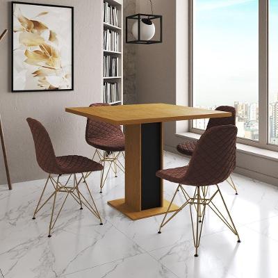 Mesa Jantar Londres Quadrada Canela 90Cm Base Preta 4 Cadeiras Eames Estofadas Caramelo Base Dourado