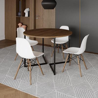 Mesa Jantar Industrial Redonda 110Cm Amêndoa Base V Ferro Preto C/4 Cadeiras Branca Base Mad Amendoa