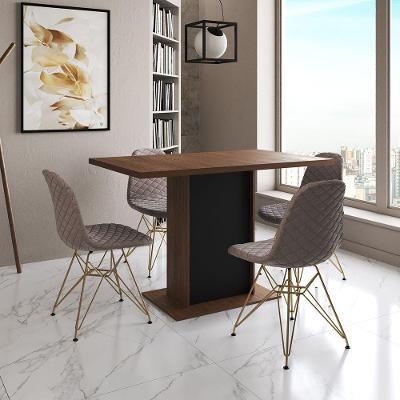 Mesa Jantar Londres Tampo Amêndoa 120Cm Base Preta 4 Cadeiras Base Dourado Estofado Nude Médio