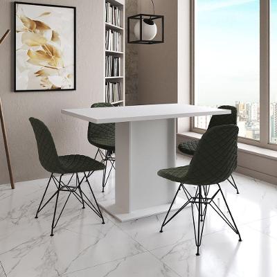Mesa Jantar Londres Tampo Branco 120Cm 4 Cadeiras Ferro Preto Estofado Verde