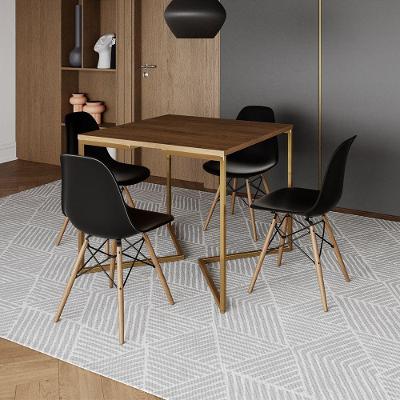 Mesa Jantar Industrial Quadrada 90Cm Amêndoa Base V Dourada C/4 Cadeiras Madeira Pret Cor: Amendoa