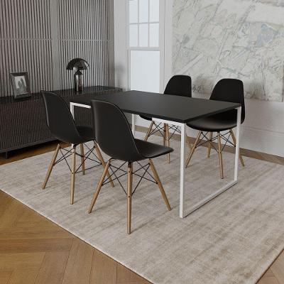 Mesa Industrial Base Ferro Branco 137X90 Tampo Preto 4 Cadeiras Eiffel Madeira Assento Preto